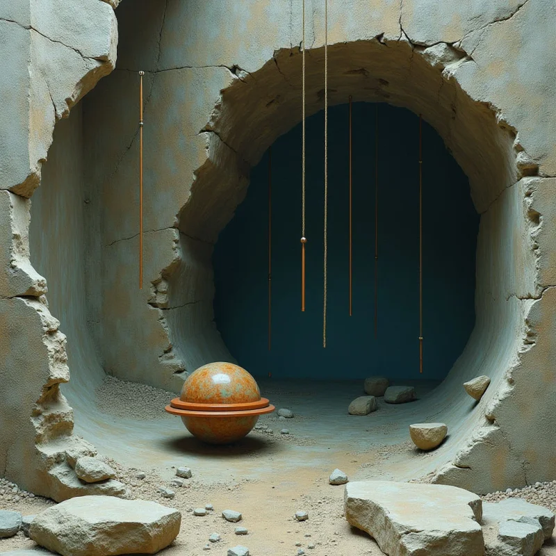 A large, circular opening in a textured, beige stone wall reveals a dark teal interior where several thin, vertical rods hang at varying heights. In the foreground, a smooth, copper-colored sphere with a metallic ring rests on a sandy ground scattered with irregular light-colored rocks. The composition uses a high contrast between the warm, earthy tones of the cavernous entrance and the deep, cool shadows of the inner space.