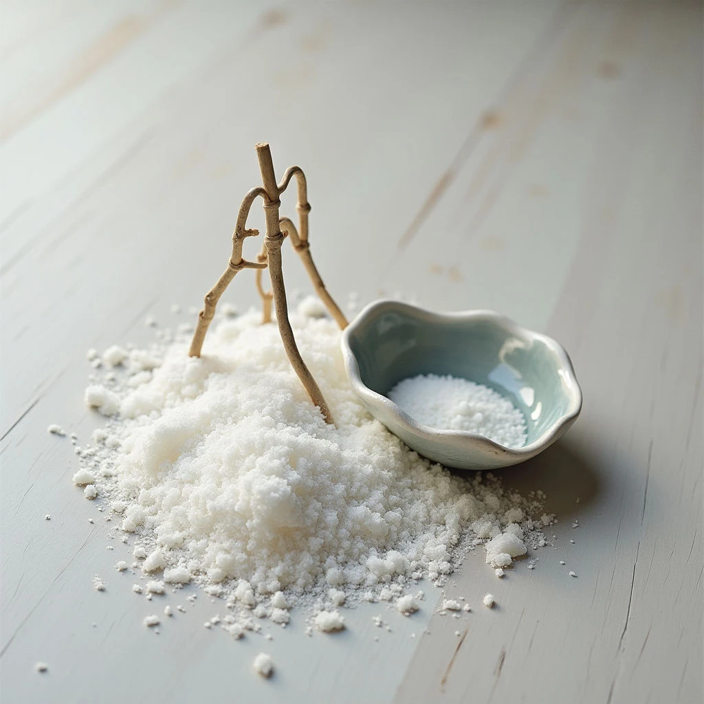 The image features a pale grey wooden surface with a mound of coarse white granules clustered around a small, teal ceramic vessel. A delicate arch constructed from thin branches rises from the center of the granules, partially framing the bowl’s opening. Soft, diffused light illuminates the scene, creating gentle shadows and highlighting the varied textures of wood, ceramic, and salt-like material.