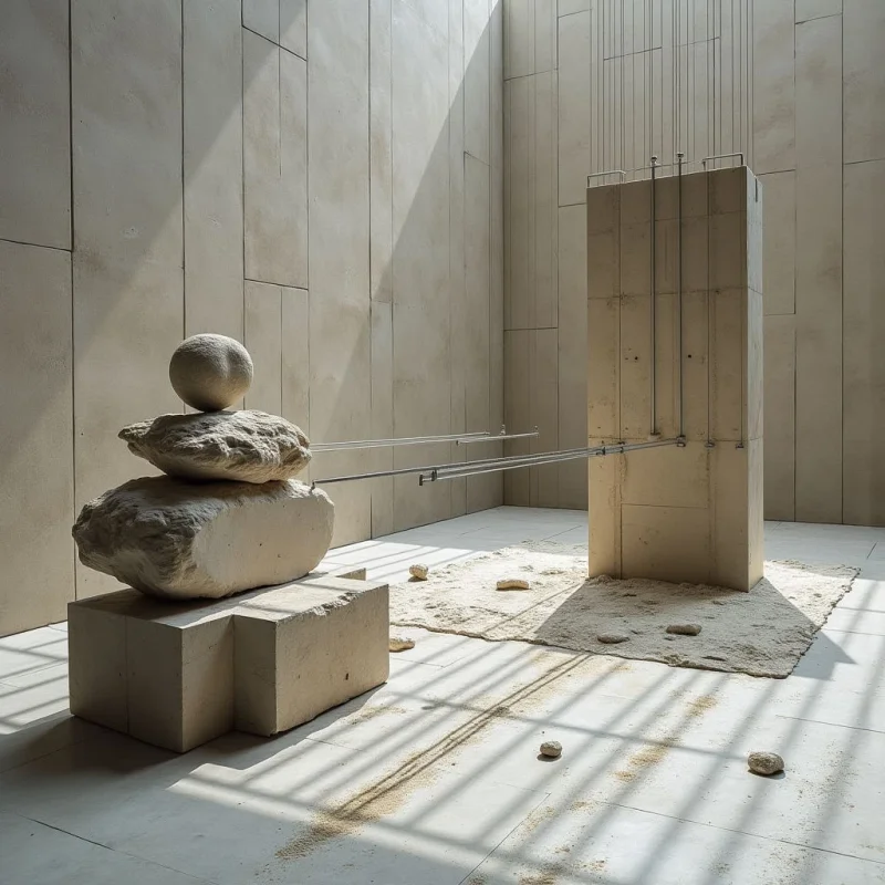 Monochromatic beige and cream tones dominate the space, featuring a mix of smooth concrete surfaces and rough, organic stone textures. A stack of irregular rocks balanced by a sphere sits on a rectangular block, connected to a tall, vertical monolith by thin metal rods. Slanting lines of light and shadow stretch across the floor and walls, creating a sense of depth within the minimalist architectural setting.