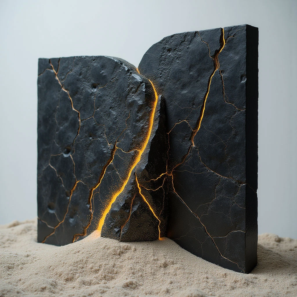 Two dark, roughly rectangular forms are positioned slightly apart on a pale tan granular surface. Cracks run throughout both structures, illuminated with a bright orange glow that appears to emanate from within the fissures. Soft, diffused light highlights the textured surfaces of the dark shapes and casts gentle shadows onto the surrounding base.