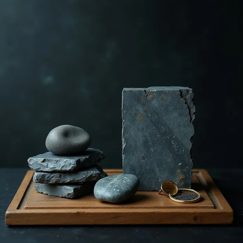 A dark, monochromatic palette of charcoal and slate gray is punctuated by warm wood tones and small gold accents. Smooth, rounded river stones and jagged, rectangular slabs are arranged on a flat wooden tray against a textured, dark backdrop. Soft light illuminates the surfaces from the side, creating subtle shadows and highlighting the contrast between the matte stone textures and the polished wood.