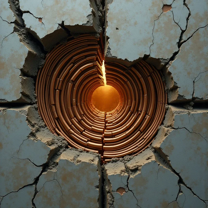 A circular opening in a cracked, grey concrete surface reveals a series of concentric copper-colored rings that recede into a glowing orange center. The rough, matte texture of the fractured stone contrasts with the smooth, metallic sheen of the spiraling interior layers. Light emanates from the deep central point, casting a warm glow upward against the jagged edges of the surrounding grey material.