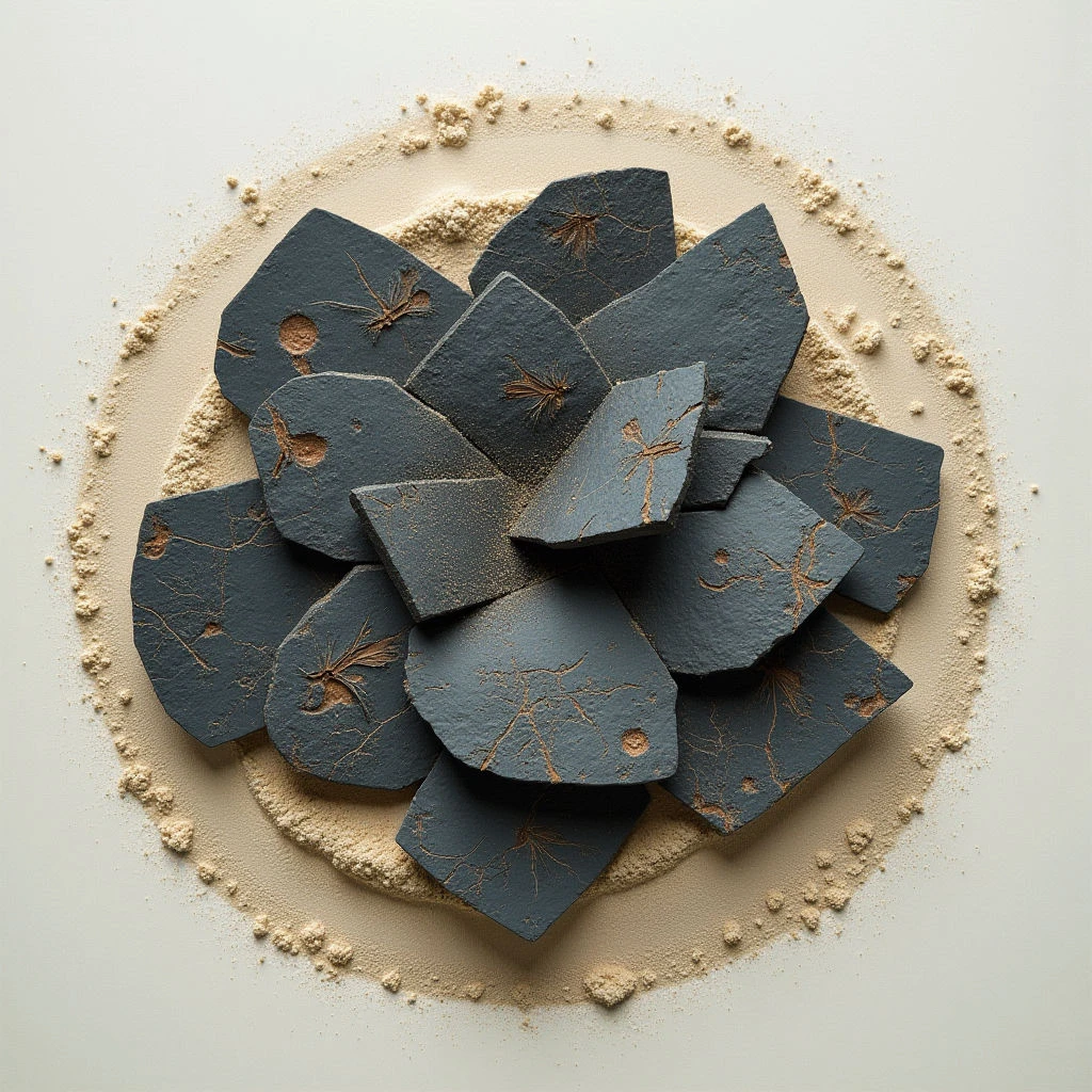 Dark teal fragments with delicate gold line patterns are arranged in a roughly floral shape on a pale surface. A ring of fine, tan powder surrounds the arrangement, creating a contrasting texture and circular boundary. Soft, diffused light illuminates the scene evenly, minimizing strong shadows and highlighting the subtle textures of both the fragments and the surrounding powder.