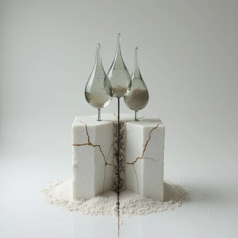 Three translucent, tear-shaped glass vessels with slender stems emerge from a cracked, white rectangular block. The composition features a monochromatic palette of whites and grays, contrasted by dark, granular textures filling the fissures in the stone and the bases of the glass. Soft, even light illuminates the scene against a neutral background, emphasizing the smooth surfaces of the glass against the rough, sandy texture of the base.