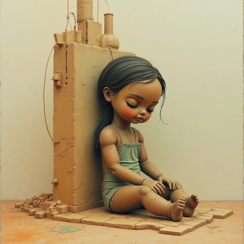 The image features a muted color palette dominated by warm browns and beige tones, with subtle hints of green in the figure’s clothing. Textures appear rough and granular on both the doll-like figure and the surrounding architectural structure, contrasting with the smoother surface of the floor. The figure is seated against a tall, blocky form, creating a close spatial relationship while rubble fragments are scattered at its base, suggesting a sense of fragility and scale within a limited depth of field.