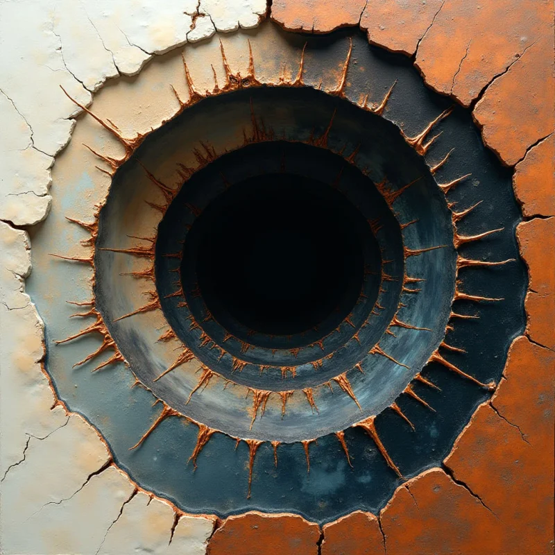 Concentric circles of deep black, slate gray, and burnt orange form a tunnel-like void centered within a cracked, textured surface. Jagged, spindly brown projections radiate from the inner rings toward an outer perimeter of fractured white and terracotta planes. The composition features high contrast between the dark central abyss and the brightly lit, weathered textures of the surrounding material.