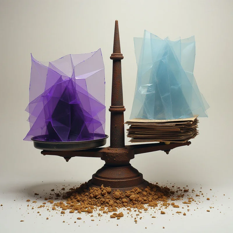 A dark, rusted metal scale stands centered against a plain white background, balanced by a stack of aged papers on one side and a translucent purple geometric form on the other. The composition features sharp, angular shapes in the crystalline violet structure contrasted against the soft, organic texture of brown granular powder scattered at the base. Soft, diffused light illuminates the scene, creating subtle shadows and highlighting the semi-transparent qualities of the blue and purple elements.