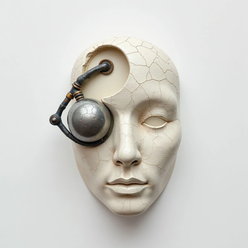 The image depicts a pale, off-white mask with a cracked texture on one half of the face and smooth finish on the other. A metallic apparatus extends from the fractured side, incorporating curved tubes and a spherical element attached by small bolts. Soft, diffused light illuminates the sculpture, creating gentle shadows that emphasize the three-dimensional form against a plain white background.