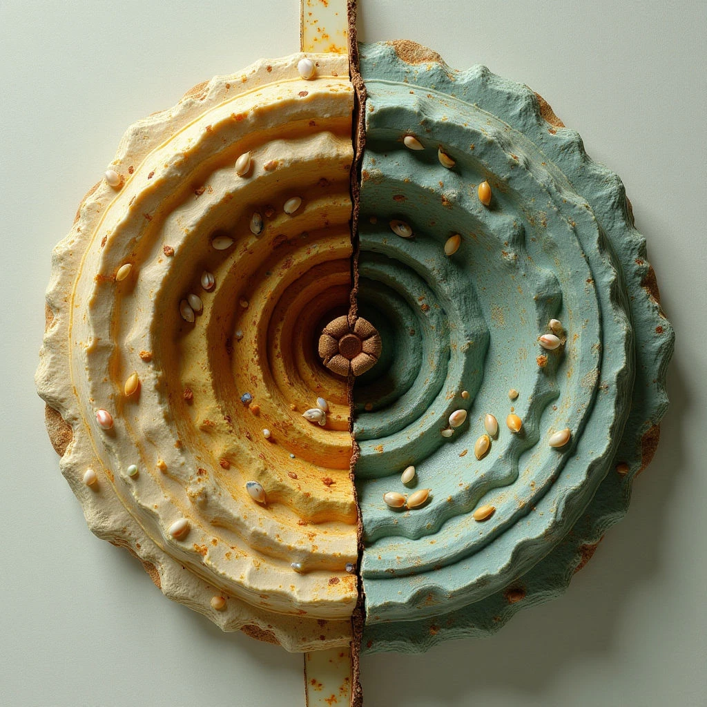 The image depicts a circular form bisected vertically into two distinct color palettes—warm yellows and oranges on one side, cool blues and greens on the other—both with rough, uneven textures resembling organic material. Concentric rings of layered shapes radiate inward from an outer edge punctuated by small seed-like forms, culminating in a tightly coiled center. Soft, diffused light evenly illuminates the piece, minimizing strong shadows and highlighting the tactile quality of its surface against a neutral background.
