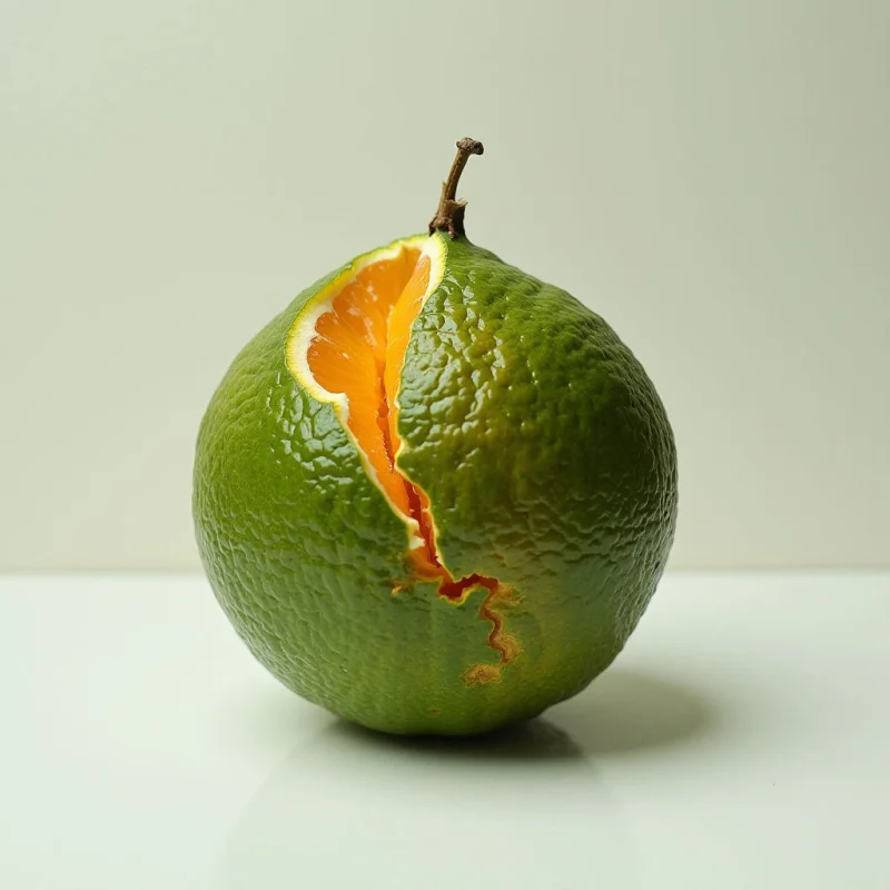 A large, spherical green citrus fruit with a bumpy, textured rind sits centered on a smooth, reflective white surface against a pale, neutral background. A jagged, irregular crack splits the fruit, revealing a vibrant orange, pulpy interior. Soft, diffused light illuminates the scene, creating subtle shadows and a faint reflection beneath the object.