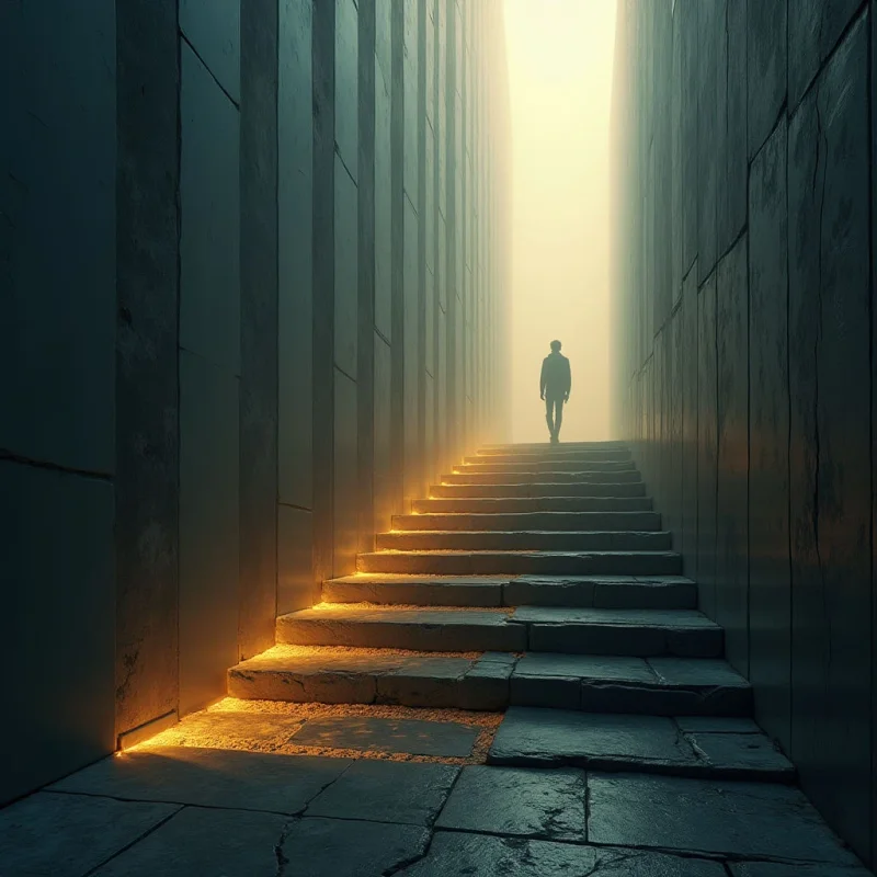 A lone silhouette stands at the top of a wide stone staircase positioned between two towering, monolithic walls. Warm, golden light glows from beneath the steps and spills from the bright opening at the end of the corridor, contrasting with the cool, muted tones of the textured stone surfaces. The composition uses strong vertical lines and receding perspective to create a sense of immense depth and scale.