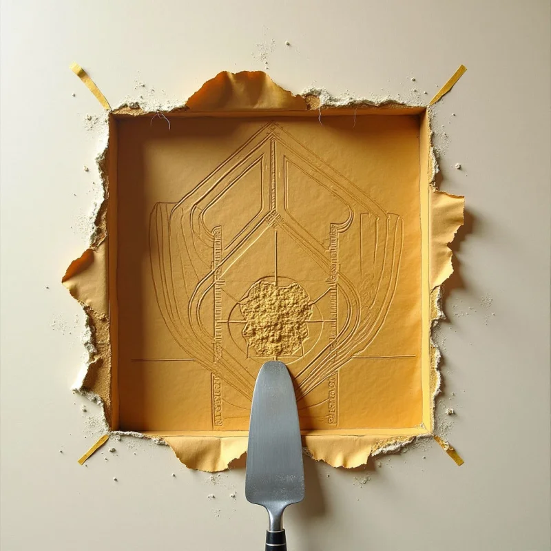 A square cutout in a smooth, off-white surface reveals a textured, mustard-yellow interior featuring etched geometric lines and concentric patterns. The central area contains a mound of granular yellow powder, positioned directly behind the metallic edge of a silver spatula. Light falls from above, casting soft shadows along the jagged, torn edges of the opening and highlighting the contrast between the matte wall and the coarse texture within.