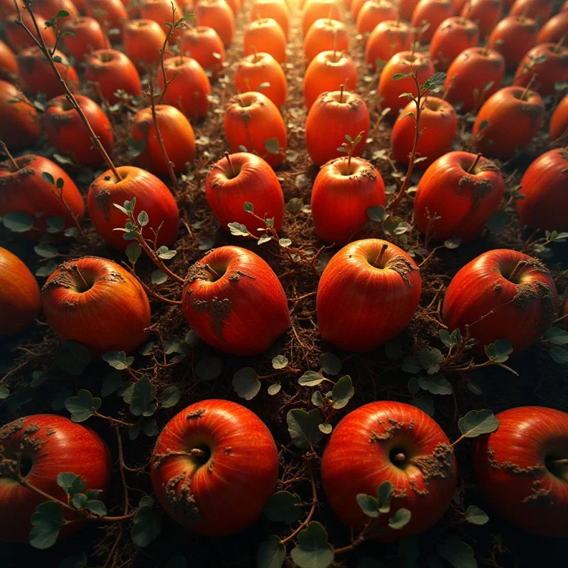 Rows of deep red apples with smooth, slightly mottled skins are arranged in a receding perspective across the frame. Small green leaves and dark, thin branches weave between the fruit, creating a complex network of organic shapes. Warm light originates from the upper center, casting soft highlights on the rounded surfaces and creating shadows that define the spatial depth between the layers.