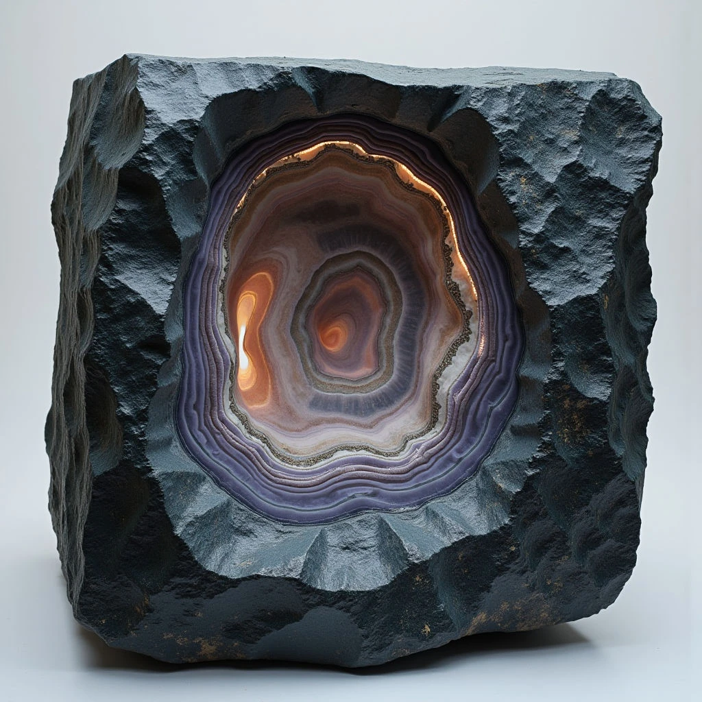 The image depicts a roughly cubic dark stone with a circular opening revealing concentric bands of color within. These inner layers range from pale creams and oranges to shades of purple and brown, exhibiting smooth, swirling textures in contrast to the rough, matte exterior. Light appears strongest at the center of the exposed rings, diminishing outwards and creating subtle shadows across both the interior formation and the surrounding stone’s uneven surface.