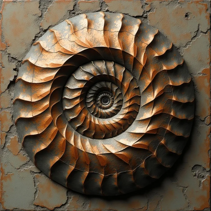 A large, spiral nautilus shell sculpture dominates the center, featuring a rhythmic pattern of ridged, fan-like segments in shades of copper and slate gray. The textured surface of the shell transitions from warm metallic tones to cool shadows, set against a rough, cracked stone background with earthy brown undertones. Light hits the raised ridges from the upper left, creating deep shadows within the spiral and emphasizing the three-dimensional depth of the concentric shapes.