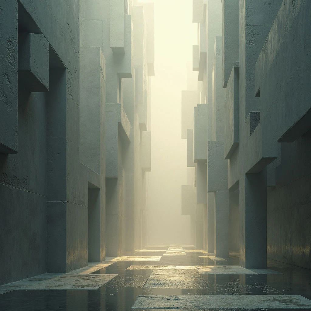 A long, narrow corridor stretches into the distance, lined with towering geometric structures of pale stone. The ground is wet and reflective, mirroring the shapes above it, while a bright haze obscures the far end of the passage. The scene feels cold, monolithic, and strangely empty despite its imposing architecture.