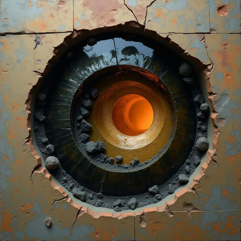A circular opening in a cracked, textured wall of muted grey and terracotta reveals concentric layers of dark, ribbed surfaces leading to a glowing orange center. The composition features rough, jagged edges around the perimeter and scattered dark, stony fragments resting on the inner rings. Light radiates from the innermost core, casting soft highlights onto the layered textures and deep shadows within the recessed structure.