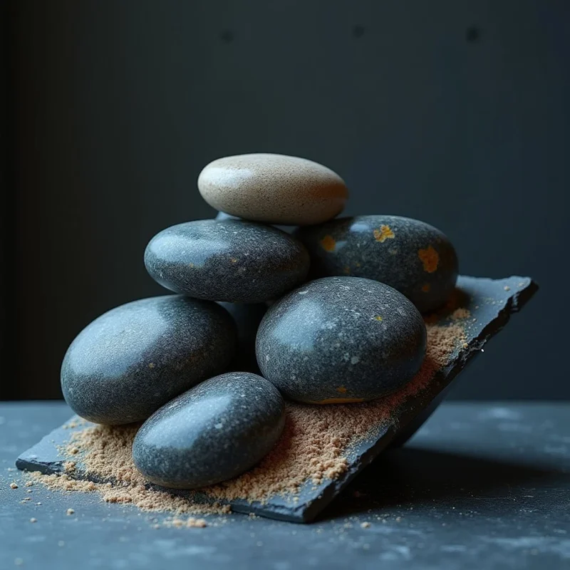 A stack of smooth, rounded stones in shades of charcoal gray and pale beige rests upon a dark, textured slate slab covered in fine sand. The composition features organic, oval shapes layered vertically against a dark, minimalist background. Soft light illuminates the top surfaces of the stones, creating subtle highlights and gentle shadows that define their volume.