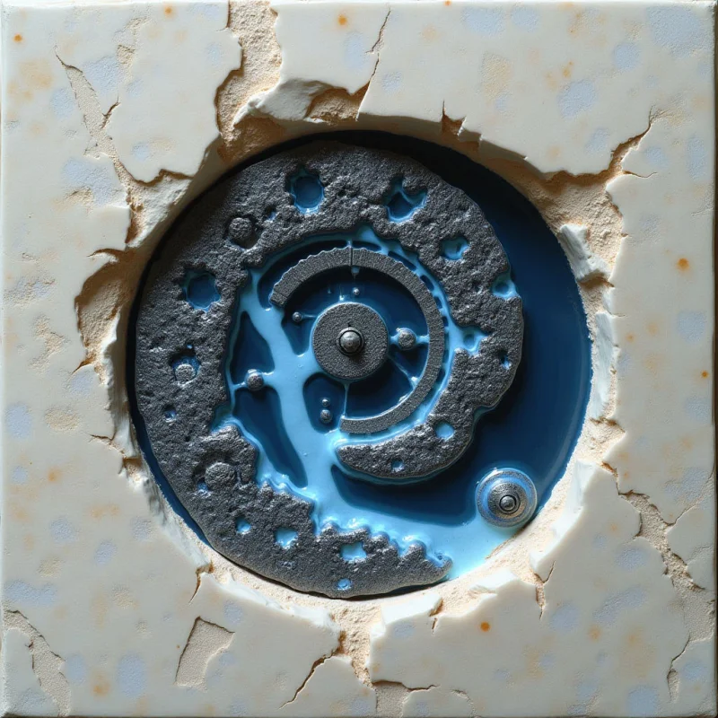 A central circular void of glossy blue liquid is framed by jagged, cream-colored edges with a cracked, matte texture. Within the blue space, dark grey, porous, ring-like shapes and small metallic spheres are arranged in a concentric pattern. Light reflects off the smooth blue surface and the raised, textured elements, creating depth within the recessed center.