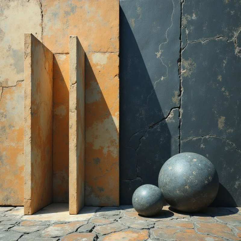 A vertical split divides the scene into a textured, ochre-colored wall and a dark gray, cracked surface. Two tan rectangular slabs stand parallel in front of the lighter wall, while two spheres of varying sizes rest on a cracked stone floor in the foreground. Harsh light creates sharp diagonal shadows that intersect the geometric planes and rounded forms.