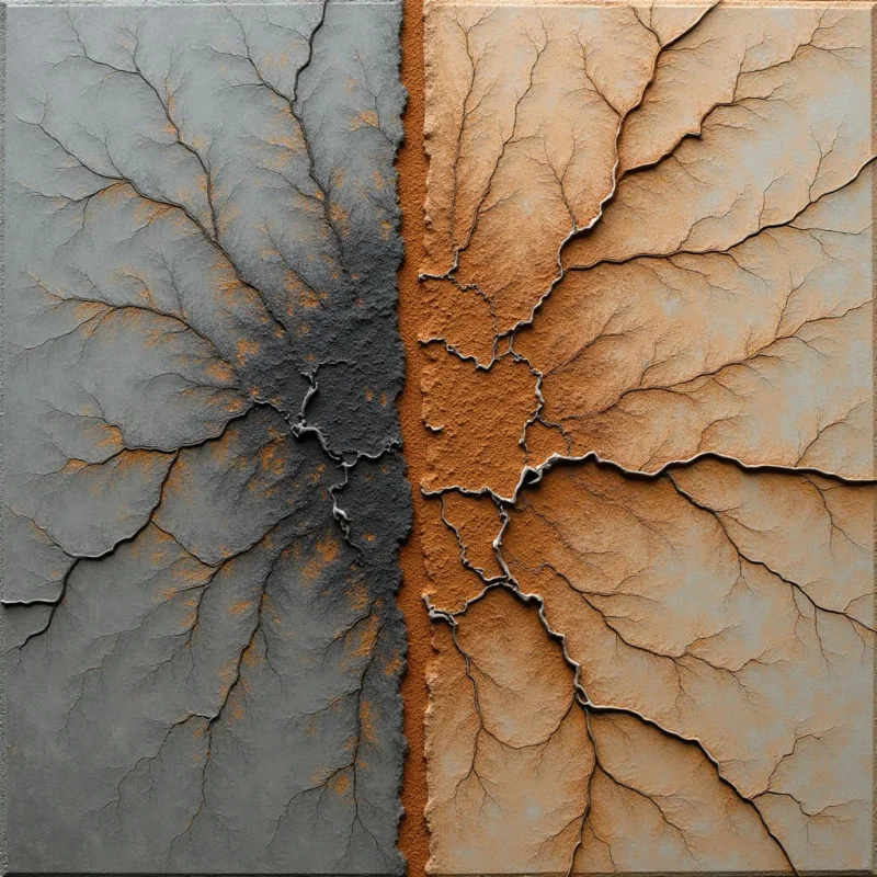 A vertical divide separates a dark gray section on the left from a warm tan section on the right, with an orange-brown textured ridge running down the center. Branching, vein-like cracks create organic shapes that spread outward across both sides of the composition. Light appears even across the surface, highlighting the rough, tactile textures and deep crevices within the patterns.