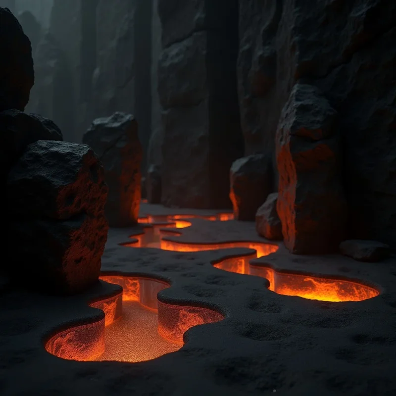 A winding river of glowing orange lava flows through a dark, cavernous landscape of jagged black rock formations. The scene features high contrast between the intense, luminous light of the molten fluid and the matte, granular textures of the surrounding stone. Deep shadows define the vertical shapes of the cliffs, creating a sense of narrow, enclosed space around the serpentine path of light.