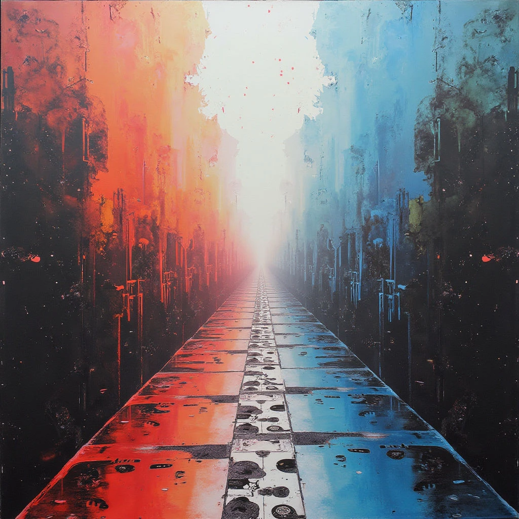 A long, wet city street stretches into the distance, vanishing at a bright, hazy point of light. Buildings line both sides, rendered in contrasting washes of fiery red-orange on the left and cool blue on the right, with dark shadows beneath them. Reflections shimmer across the slick pavement, suggesting recent rain and a sense of atmospheric depth.