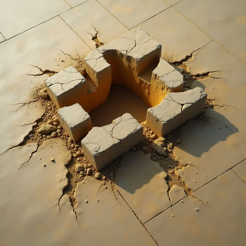 A jagged, star-shaped crater is carved into a smooth, tan-colored tiled surface, revealing a rougher, sandy interior. Deep shadows cast by the irregular edges create high contrast against the warm, monochromatic earth tones of the scene. Cracks radiate outward from the central void across the flat geometric planes of the surrounding ground.