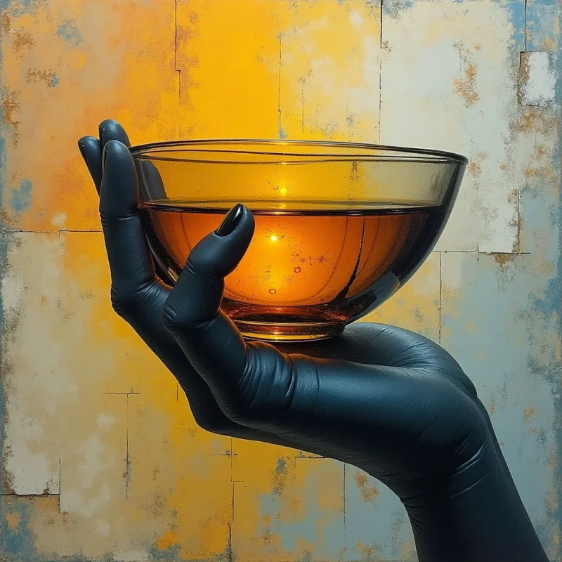 The image features a dark, smooth hand holding a clear glass bowl filled with an amber liquid, reflecting a bright point of light within. The background is composed of rectangular shapes in varying shades of yellow and pale blue-gray, exhibiting a textured, weathered appearance. Spatial relationships suggest the hand is positioned in front of the backdrop, creating depth through contrast in color and surface quality.