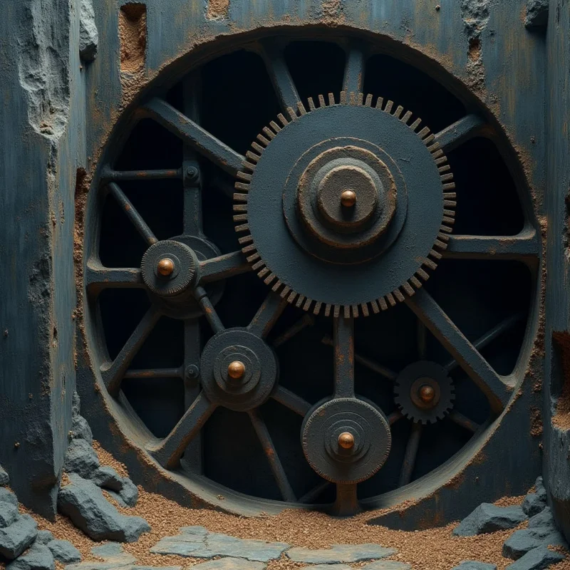 A large dark gray gear assembly is centered within a circular frame, surrounded by rough, weathered blue-gray walls and patches of coarse orange sand. Smaller gears are integrated into the spokes of the central wheel, creating a series of interlocking circular shapes against a deep black void. Soft light illuminates the textured surfaces of the metal and stone, casting subtle shadows that define the spatial depth between the machinery and its enclosure.