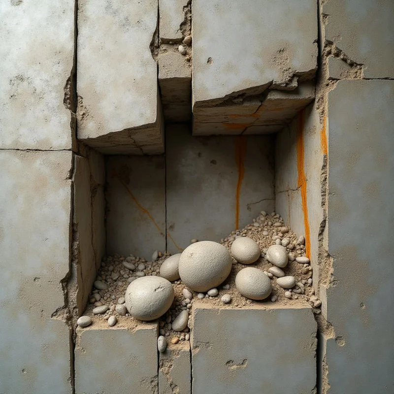 A collection of smooth, pale oval shapes rests within a recessed cavity of rough, grey concrete blocks. The composition features muted tones of grey and beige, accented by thin streaks of orange running down the textured vertical surfaces. Light enters from above, casting soft shadows that define the depth of the alcove and the rounded forms of the objects nestled in coarse sand.