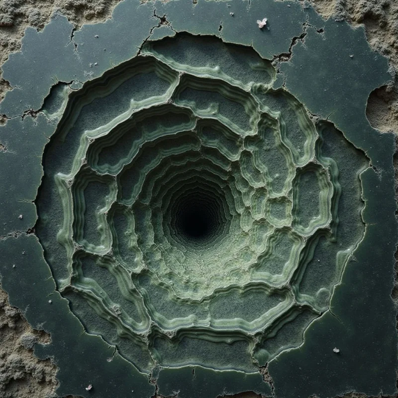 The image features a central, spiraling void surrounded by concentric layers of textured material in shades of green and gray. Rough, cracked surfaces frame the smoother, undulating rings that descend into darkness, creating a sense of depth. Light appears to be strongest on the outer edges of the layers, with shadows deepening towards the center of the spiral.