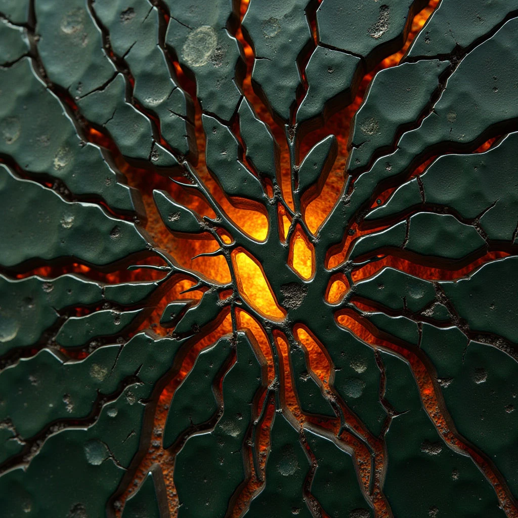 The image features a dark, textured surface with jagged cracks revealing bright orange and yellow light emanating from within. Irregularly shaped pieces form a fractured pattern, creating a sense of depth as they recede into the glowing center. The overall spatial relationship suggests an opening or cavity surrounded by a rough, solid material.