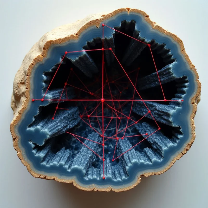 A cross-section of a textured, tan-colored stone reveals a deep blue interior with jagged, vertical ridges and cavernous hollows. A network of thin, bright red lines connects various points across the internal landscape, creating a geometric web. The composition features high contrast between the organic, rough textures of the rock and the precise, linear structure of the red connections.