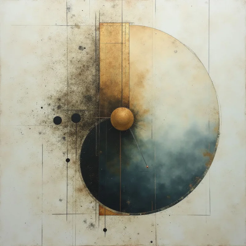 An off-white background with a weathered texture features a large, dark circular shape intersected by a vertical golden rectangle and a smaller gold sphere. Thin black lines create a grid-like structure across the composition, while patches of dark, smoky textures and scattered speckles overlap the geometric forms. Light appears diffused, highlighting the metallic sheen of the gold elements against the matte, aged surfaces.