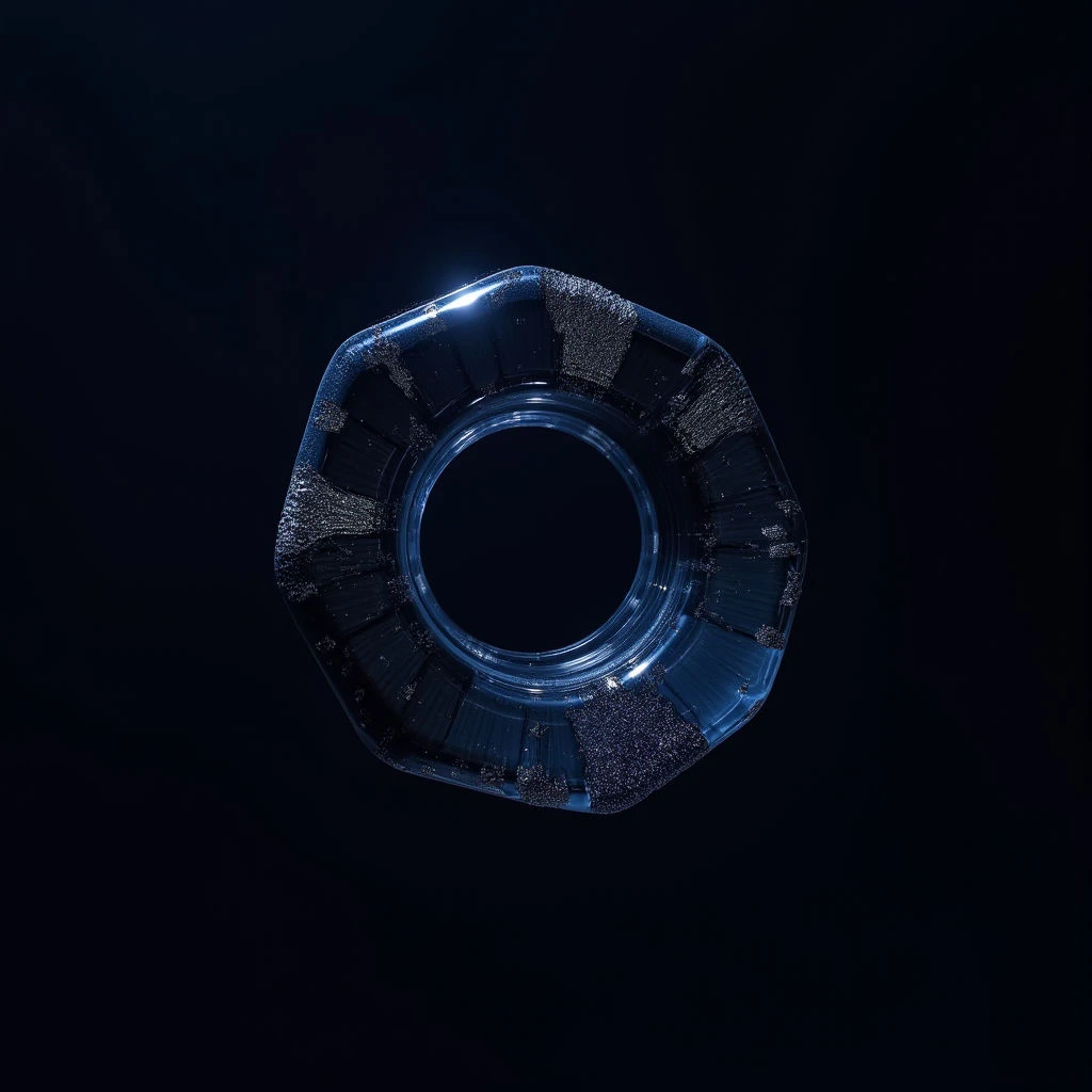 The image is dominated by cool tones of deep blue and silver, with a central dark void. A geometric object with faceted edges and a hollow core occupies the frame's center, exhibiting textures ranging from smooth polished surfaces to rough granular detail along its perimeter. Light reflects off the object’s facets, creating highlights and casting subtle shadows within the surrounding dark space, which appears largely uniform and without clear depth cues.