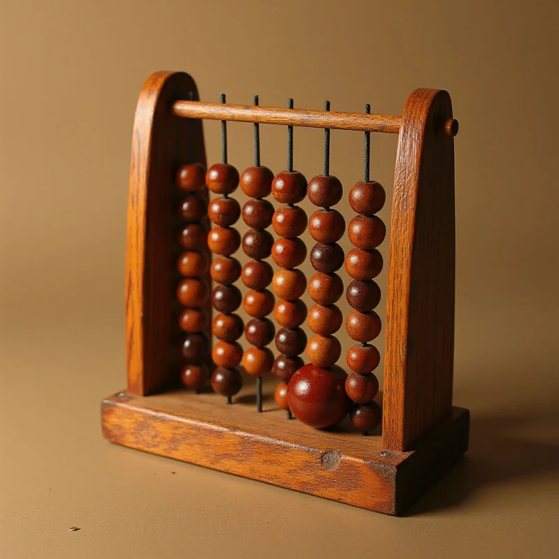 Warm browns and reddish-orange tones dominate the image, present in both the wooden frame and the beads of the abacus. The wood grain provides a noticeable texture to the structure, contrasting with the smooth, rounded surfaces of the beads which are arranged vertically within the rectangular frame. Light falls unevenly across the scene, creating highlights on some beads and casting subtle shadows that define the form and suggest depth in relation to the plain background.
