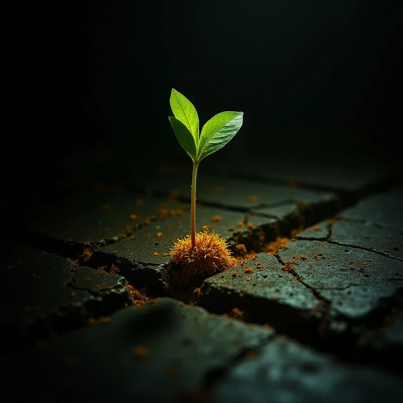 A small green sprout with two smooth leaves emerges from a crack in dark, textured, parched earth. Warm light illuminates the plant and the surrounding granular soil, contrasting against a deep black background. The composition centers on the vertical stem, which rises from the jagged, horizontal fissures of the ground.
