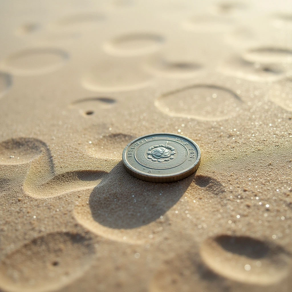 The image is dominated by warm beige and tan tones of sand, with a metallic silver coin as a focal point. The texture appears granular and slightly uneven across the sandy surface, contrasted by the smooth, circular form of the coin. Footprints are visible in the sand, creating repeating oval shapes that recede into the background, while soft light casts subtle shadows around the coin and within the impressions.