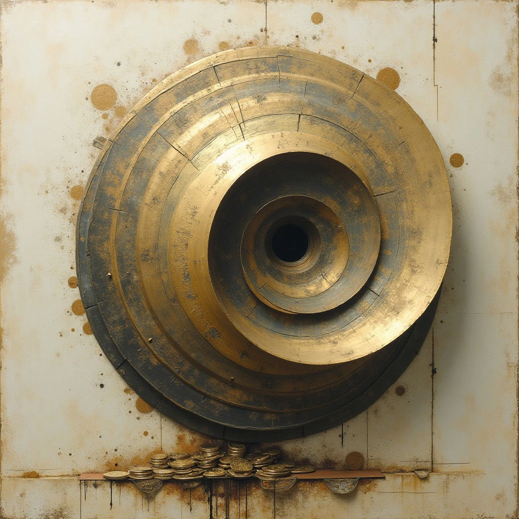 The image features a large, concentric circular form in shades of gold and dark brown against an off-white background with vertical paneling. A textured surface appears on both the circles and the background, suggesting layering and age, while scattered golden droplets add visual interest. Below the central shape rests a small pile of metallic discs, partially obscured by drips of rust-colored liquid that connect them to the larger form above.