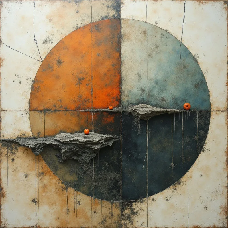 A large circle is divided into four quadrants of orange, light blue, dark blue, and beige, set against a weathered, off-white background. Jagged, gray rocky textures slice horizontally across the center, supporting small orange spheres. Thin vertical lines and dark speckles create a sense of dripping liquid and aged decay throughout the composition.