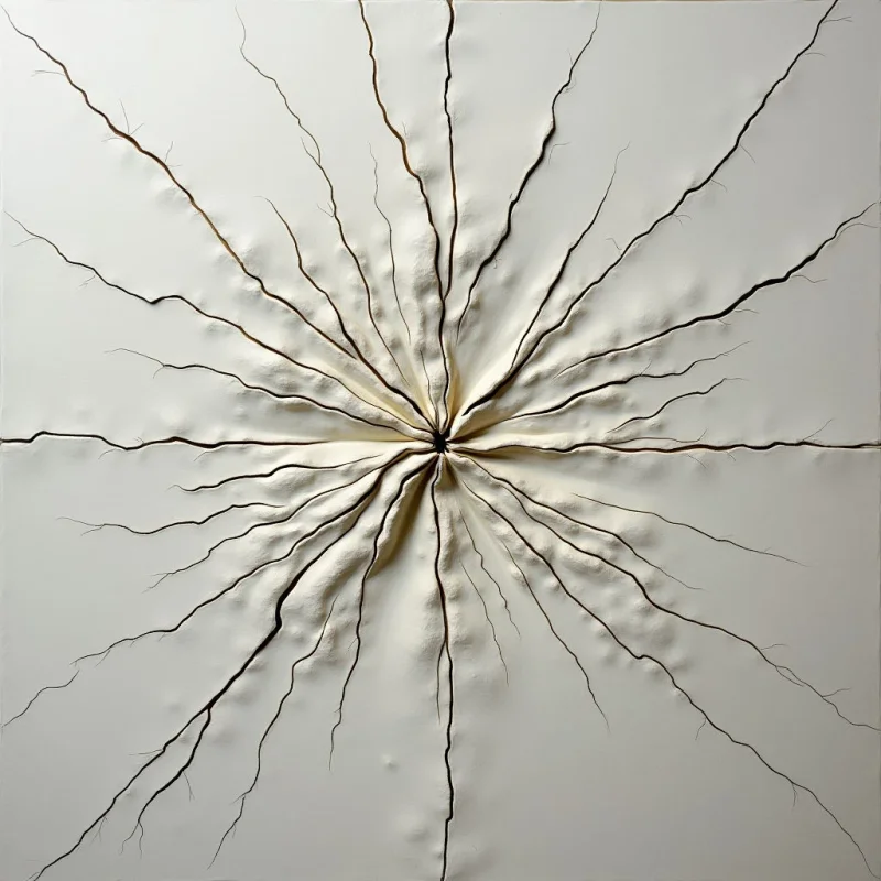 The image features a predominantly off-white surface with radiating cracks extending from a central point. A textured, raised area surrounds the center, composed of numerous small bumps and ridges that diminish in size towards the edges of the cracks. Light appears to come from above, casting subtle shadows within the cracks and highlighting the three-dimensional relief of the composition; the space is shallow but suggests depth due to this effect.