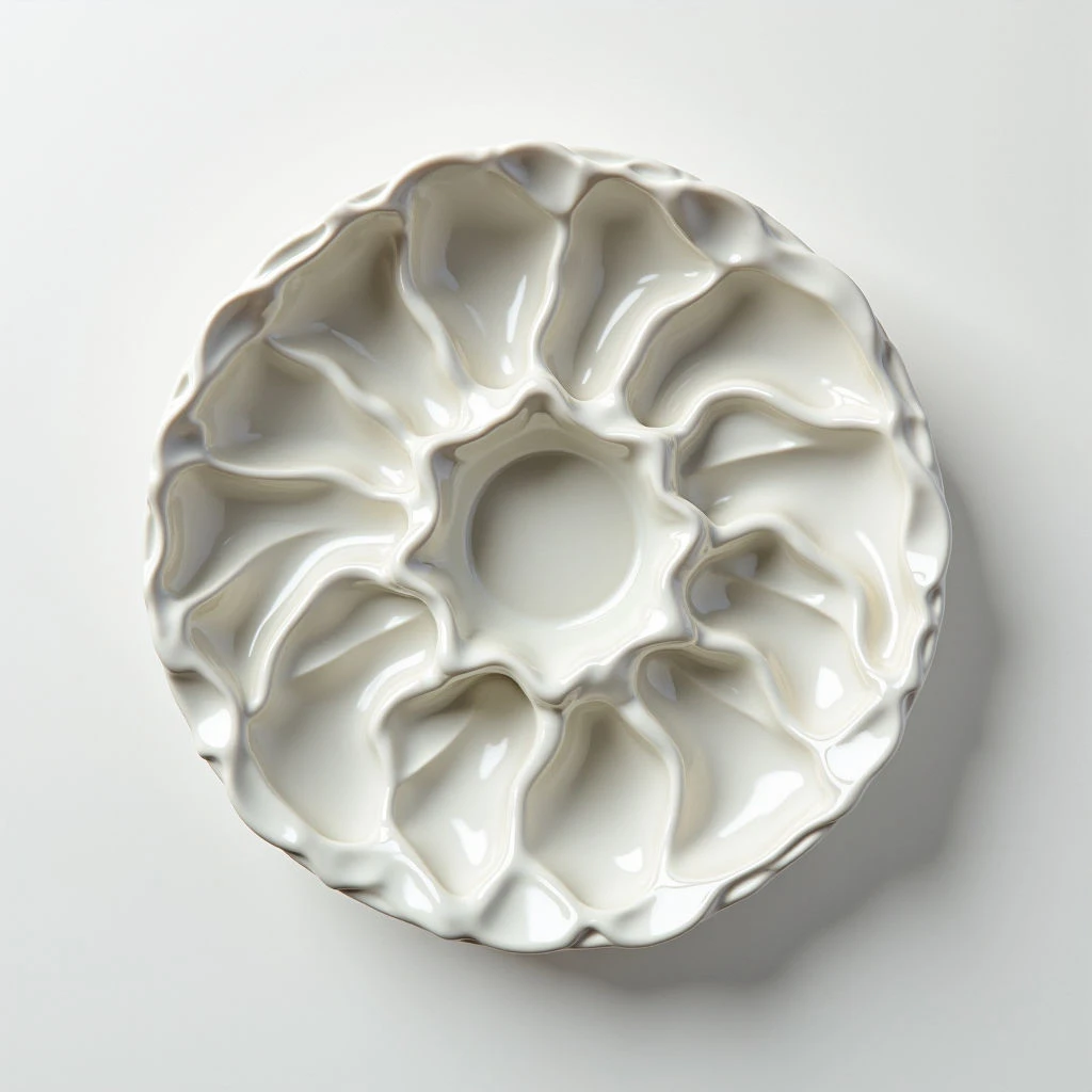 A circular, off-white palette rests on a pale surface. It features numerous indentations arranged around a central well, likely for holding paints or other small materials. The palette has a soft, flowing texture with gentle curves and highlights suggesting a glossy finish.