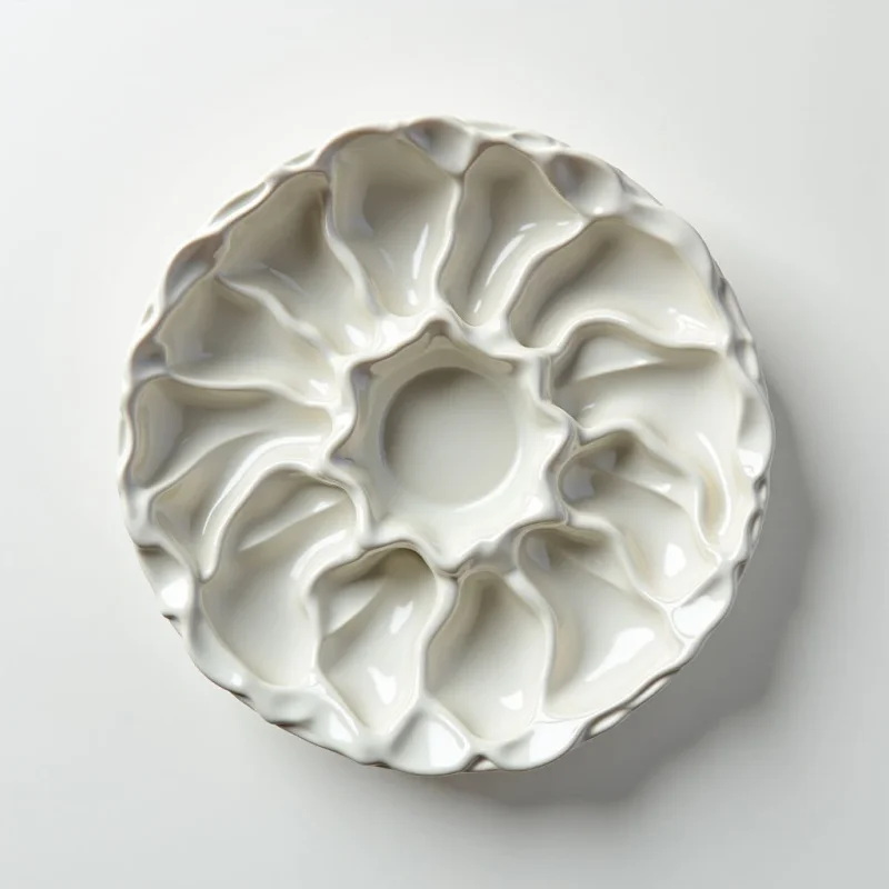 A circular, off-white palette rests on a pale surface. It features numerous indentations arranged around a central well, likely for holding paints or other small materials. The palette has a soft, flowing texture with gentle curves and highlights suggesting a glossy finish.