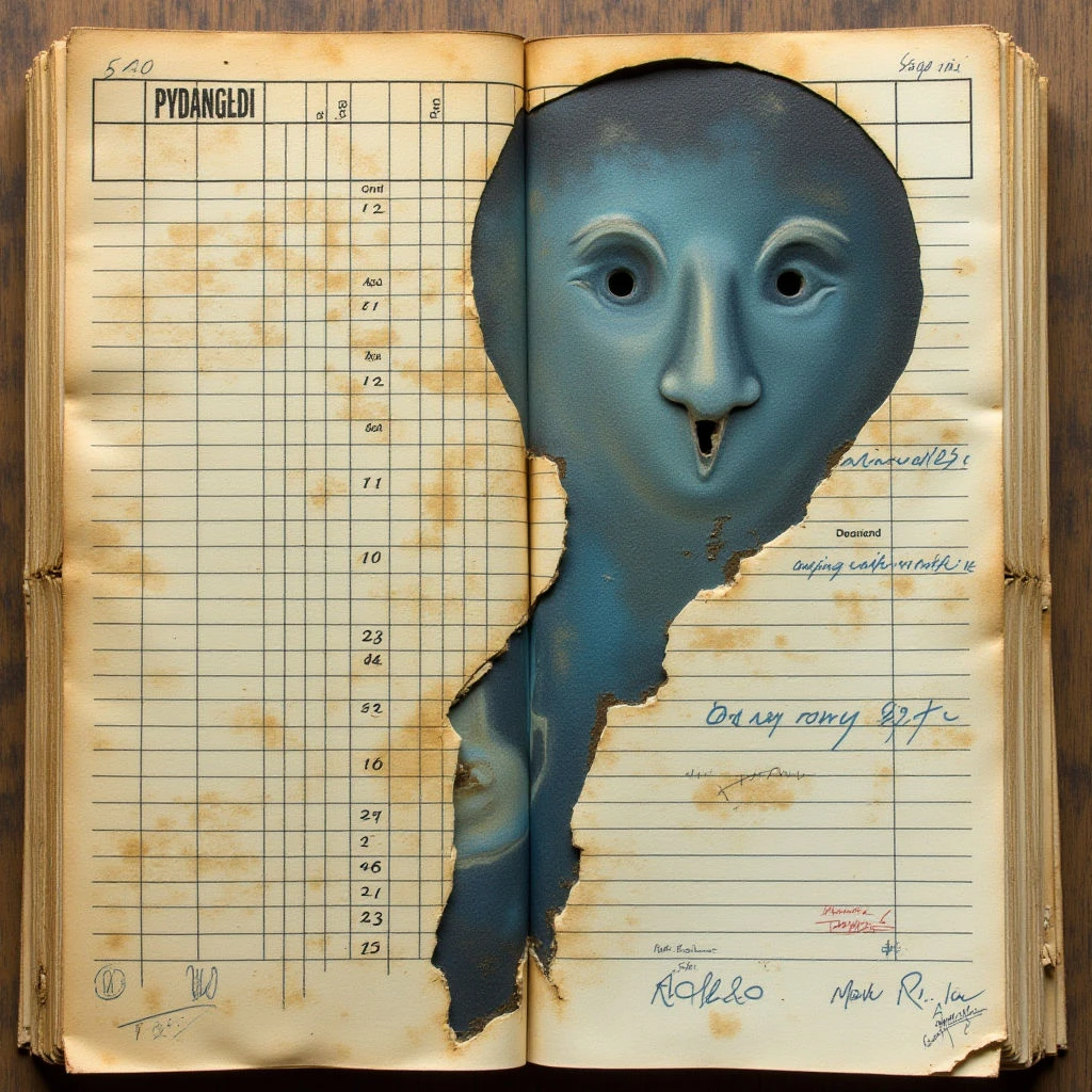 The image features a pale blue sculpted face emerging from a heavily aged and torn book page. The pages are primarily beige with dark brown lines forming columns of numbers and handwritten script, exhibiting significant texture through staining and damage. Light appears diffused, casting soft shadows on the sculpture while highlighting the wrinkles and imperfections of the paper; the face is positioned centrally, bisecting the open book and creating a strong vertical spatial relationship between the figure and its surroundings.