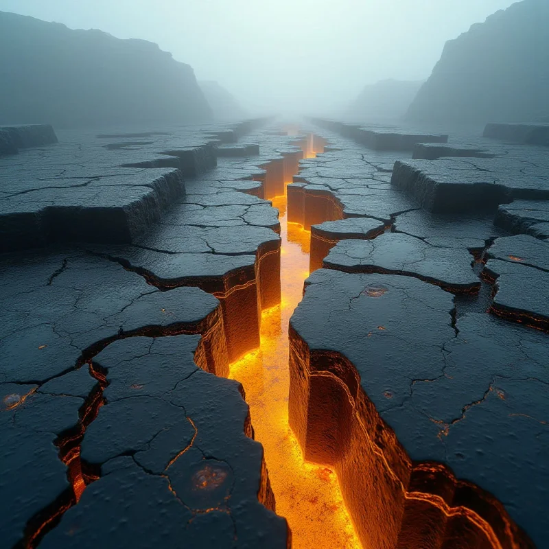 A glowing orange fissure of molten lava cuts through a dark, cracked landscape of textured grey earth. The jagged, irregular shapes of the terrain recede into a misty background where silhouettes of mountains meet a pale blue sky. Bright light emanates from within the central crevice, casting an orange glow onto the surrounding rough surfaces.