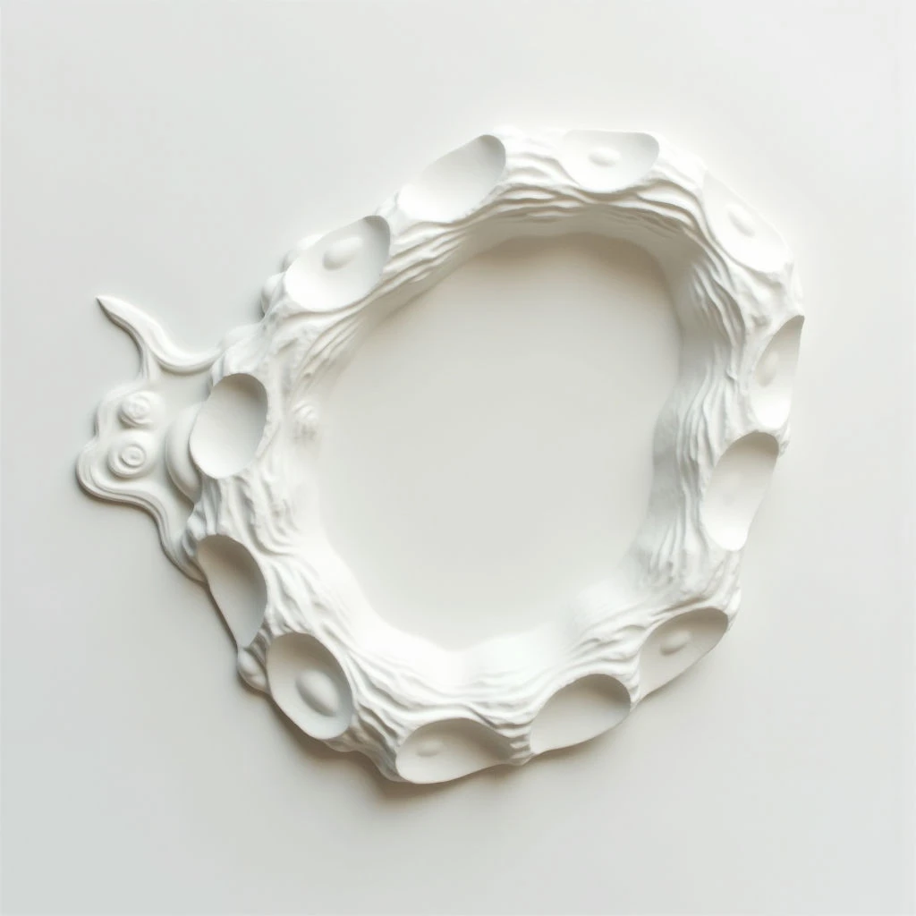 A white, organic-looking sculpture is mounted on a light background, resembling a partially formed circle or an incomplete loop. The surface is textured with rounded protrusions and undulating lines, giving it a natural, almost biological appearance. A small, head-like form extends from the side of the circular shape, adding to its unique and abstract quality.