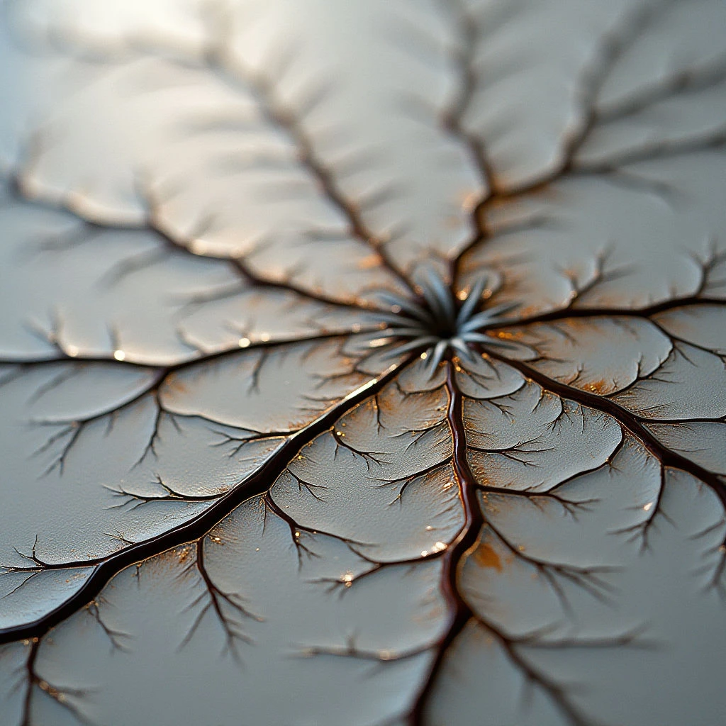 The image features a predominantly gray and brown color palette with subtle golden highlights along intricate linear details. A raised, textured surface displays branching patterns resembling veins or roots emanating from a central point, creating a radial symmetry. Light appears to originate from the upper left, casting shadows that emphasize the depth and three-dimensionality of the forms within a shallow spatial plane.