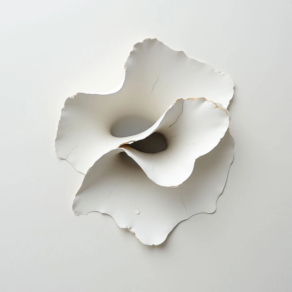 A white, roughly floral shape is torn or peeled away from a flat surface, revealing the darker wall beneath. The edges of the tear are uneven and cracked, with hints of a golden underlayer visible in places. A circular hole pierces through the center of the form, adding to its sense of damage or vulnerability.