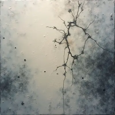 Delicate, dark branches reach across a pale, textured background reminiscent of sky or fog. Mottled gray and black areas cluster towards the edges, contrasting with the lighter center where the branches are most visible. Small dark spots are scattered throughout the composition like distant specks against the airy expanse.